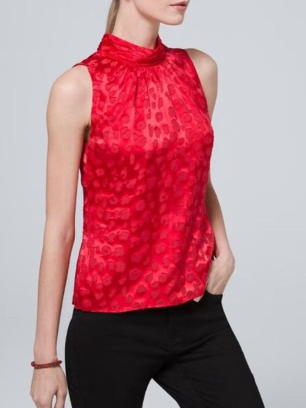 White House Black Market Vibrant Red Animal Print Sleeveless Blouse sz M